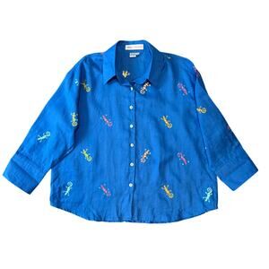 Vintage Casey Coleman 100% Linen Embroidered Gecko Button Down Blouse Womens XL